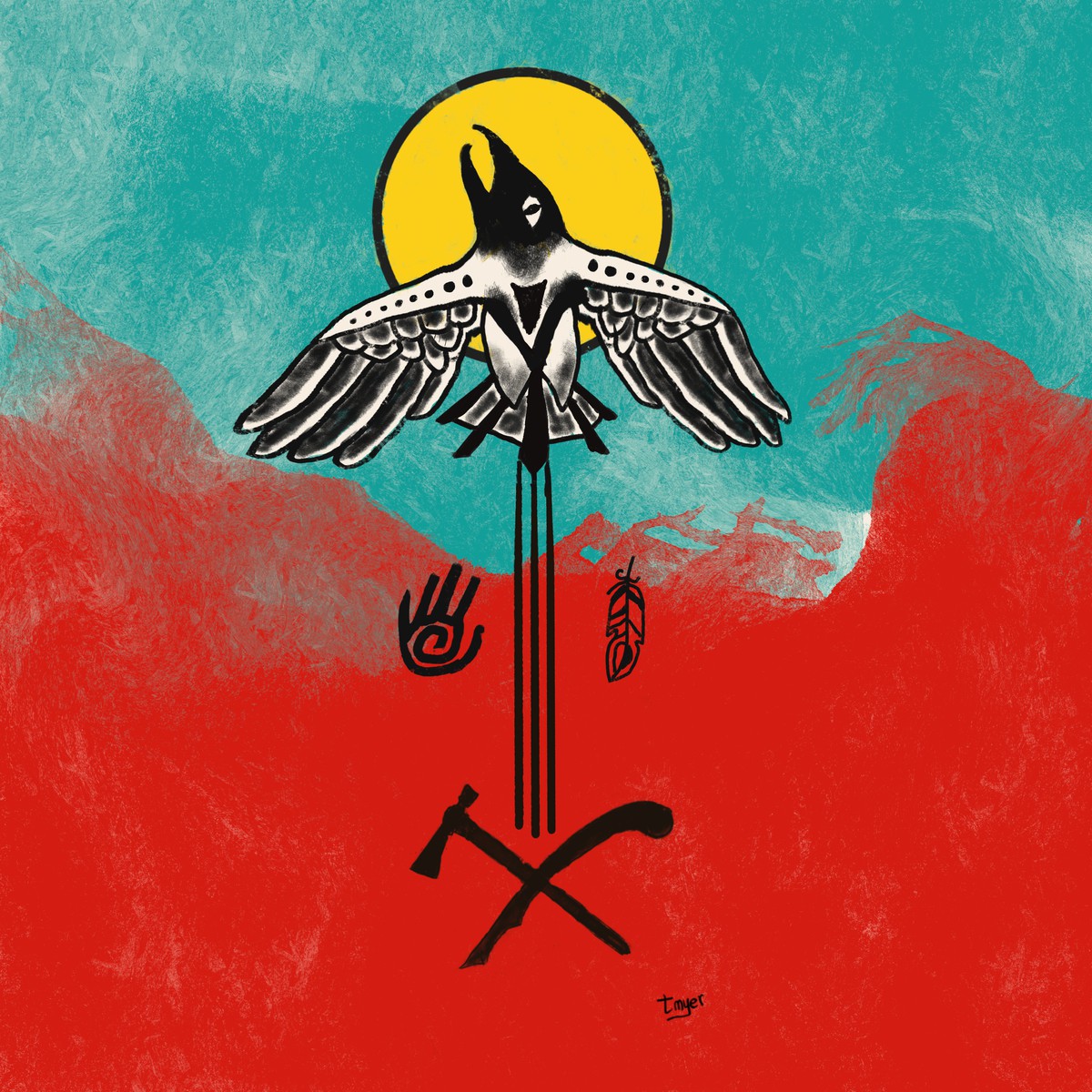 Raven with Petroglyphs and Weapons — digital artwork by Tom Myer